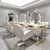 New Hairdressers Special Mirror Desk Hair Salon Hair Salon Bifacial Mirror Table Net Red with lamp bronzed mirror table