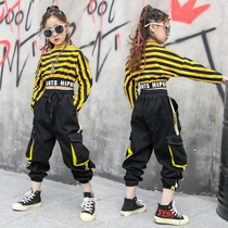Children Jazz Dance Costumes Girl Street Dance Hip Hop Khau Navel Long Sleeve Loose Work Pants Jazz Walk Show Suit
