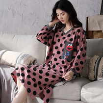 Nightdress womens cotton high-end long sleeves big name autumn home wear long dress large size ladies pajamas loose