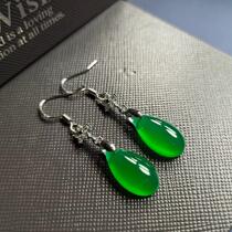 Natural agate green chalcedony water drop earrings S925 sterling silver ear hook earrings retro Hanfu cheongsam film and television