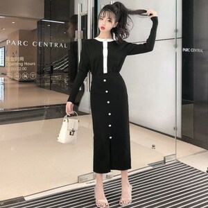 Autumn two piece suit women’s color matching long sleeve foreign style knitting Top + high waist split hip skirt skirt