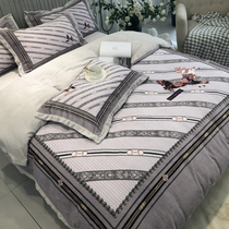 American pure color four - piece winter warm milk digital printed double - sided coral velvet 1 8m bed