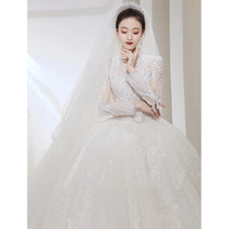 French light main wedding dress 2021 new bride long sleeve covering thick arm heavy industry luxury big tailing White 2020 Women