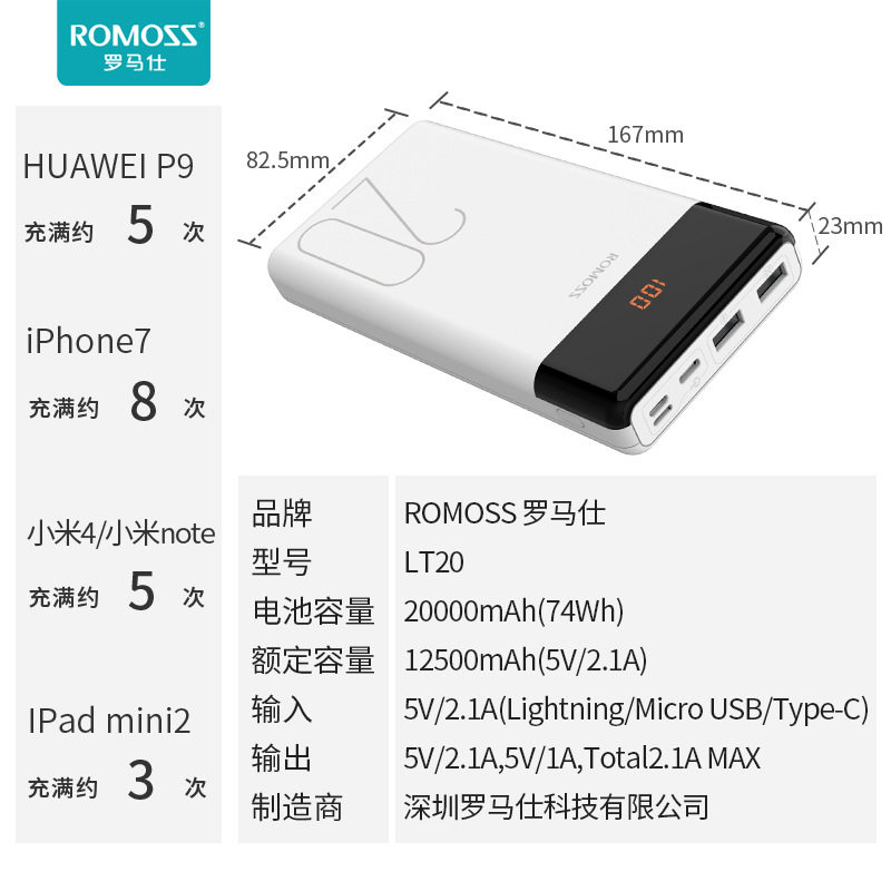 罗马仕充电宝20000毫安大容量lt20数显便携通用移动电源华为小米