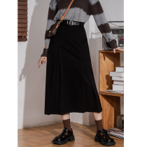 Retro woolen suit skirt long skirt womens autumn and winter high waist slimming pleated splicing temperament woolen straight skirt black
