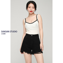 Wang Yushan black jeans shorts high waist 2023 new loose thin thin legs and a word hot pants