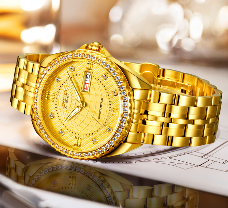 朗积双日历夜光金表防水全自动机械表手表男士高档