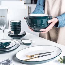 2021 new home stylish good looking pan bowls suit ceramic rice bowls with wind nets red and creative cutlery