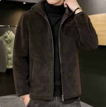 2022 autumn and winter coat mens Korean version trend lamb wool hooded plus velvet thickened warm fur grain fleece jacket