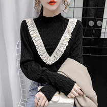  Lace stitching bubble sleeve bottoming shirt womens 2020 autumn and winter new fashion all-match half-high neck Western style thin top