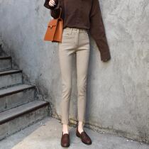 Apricot-colored casual pants women plus velvet winter and spring slim Joker wearing nine-point tight pencil pants high-waisted jeans