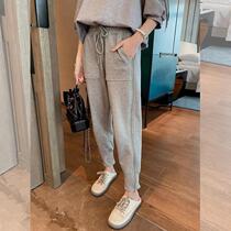 European station gray sports pants womens winter loose beam feet slim Joker casual thickening plus velvet nine-point guard pants Tide brand