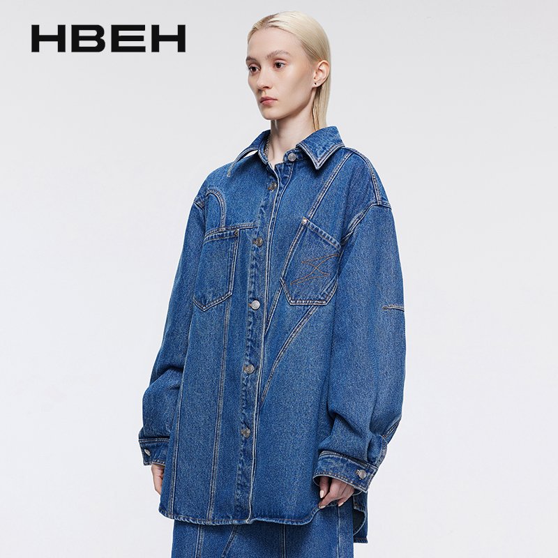 hbeh惠文龙原创设计小众设计师拼接不规则牛仔衬衫