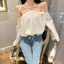 2021 sexy one-character collar shoulder-exposed temperament condole belt shirt female design sense small leakage two-shoulder coat Joker tide