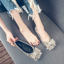 Square head autumn shoes women's 2021 new spring women's shoes Joker rhinestone wedding shoes crystal bean shoes flat bottom autumn shoes