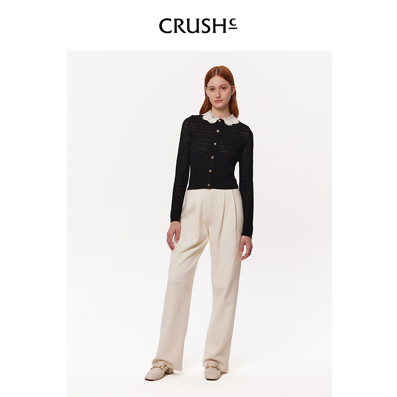 CRUSH Collection2023早秋镂空针织网眼钩花翻领开衫法式上衣外搭