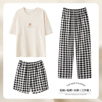 Gujin@Pajamas Womens Summer Cotton Short-sleeved Three-Piece Suit Summer Thin Section Can Be Worn Outside Casual Simple Homewear