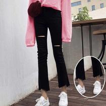 loose high waist slim hole ninth flared pants korean style student plus size jeans women 200kg fat mm