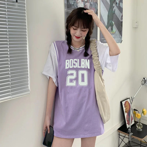 2021新款篮球服女宽松bf风韩版夏季中长款短袖t恤假两件ins潮上衣