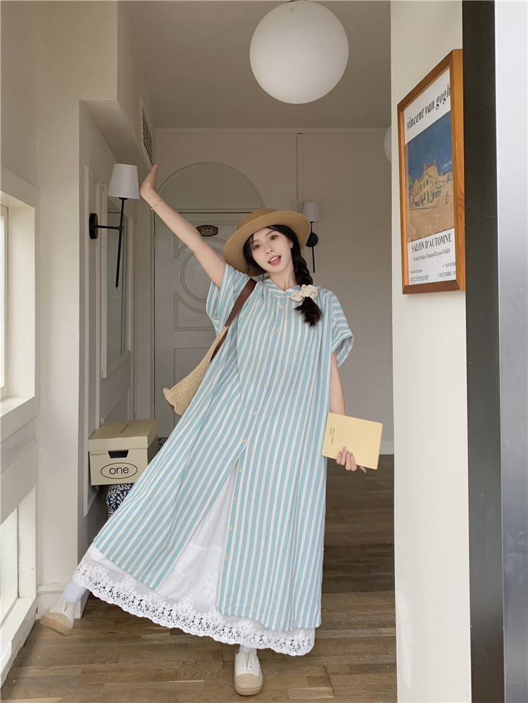 Plus-size women's casual striped dress, new summer style, versatile, loose fit, slimming, elegant mid-length shirt dress. - Taojiyun | Taiwan consolidation | Taobao product purchasing | China goods purchasing | Gather and Transport