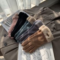 Autumn winter gloves female suede with suede thickened touch screen warm windproof anti-chill gloves bike riding cute skiing