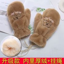 Gloves Female Winter Warm Cute Korean Version Student Cartoon Small Bear Anti-Chill Plus Suede Thickened Cotton Plush Hang Neck Winter
