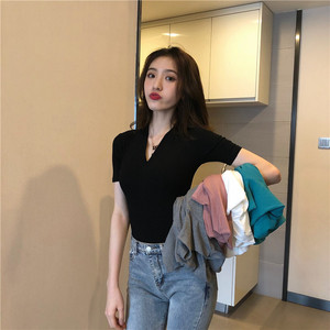 FbzKT恤2021年夏季爆火纯色性感深V领短袖时尚修身显瘦韩版女上衣