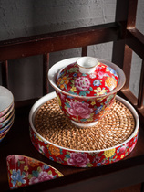 Enamel color three-cai cover bowl Ceramic teacup Master cup tea cup Pot holder Large single household white porcelain Kung Fu tea set