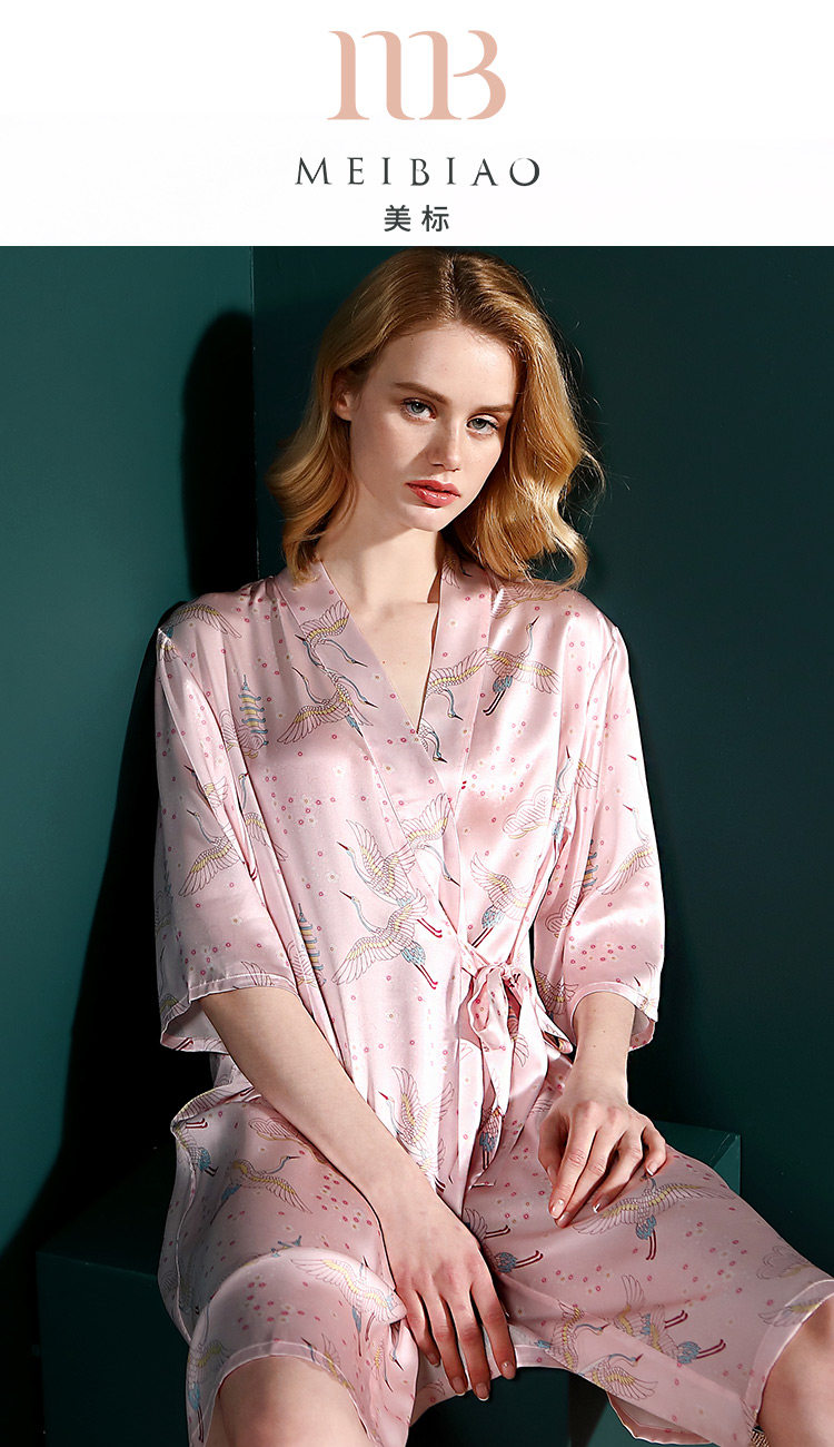 美标新款女士春秋真丝睡袍轻奢丝绸浴袍夏季性感睡衣桑蚕丝家居服_5折