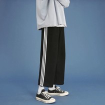 Spring and summer Hong Kong wind stripes casual ankle-length pants men Korean version of Joker ins loose straight wide legs three bar sports pants