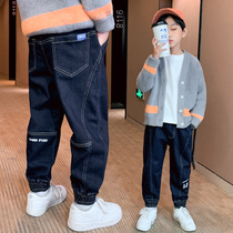 trendy boys denim trousers autumn winter 2022 thickened fleece mid-large children's chic one piece fleece pants