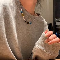 LAVENIR colored string beads necklace women sweet and hot girl lock bone chain double layer small crowddesign beads necrostra chain ins