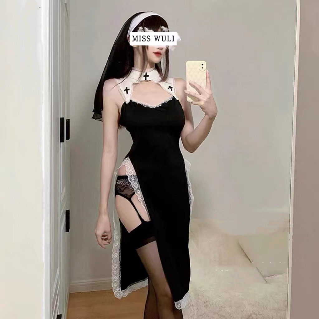 Nun suit cos pure desire to be sexy and dress Halloween uniform pure desire high fork lace qipao dress-Taobao