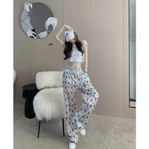 High-waist sports wide-leg pants Creative fashion prints loose leisure trousers round collar pure color short top two sets of women