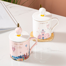 Cute ceramic cup woman with lid spoon mug Office water cup Household milk breakfast coffee cup high face value