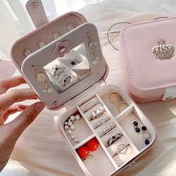 Box Earrings Double-layered Jewelry Box with Cosmetic Case Pink Jewelry Earrings Portable Storage Jewelry Mirror Earrings Bag