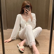 Sandro Vicari2021 new sleepwear womens spring autumn season silk suede lace florist lace long sleeve home suit suit