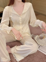 Sandro Vicari Spring Autumn Ice Silk Sleepwear Female Lace Slim long sleeve True Silk Home Suits Two Suits