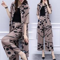 Set New Plus Size Cardigan Top Wide Leg Pants Two Piece Set 2021 Chiffon Women Slim Fashion Loose Summer Summer