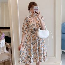 Fat Sister Loose Big Code Womens Dress V Collar Crushed Flowers Dress Hide Meat Summer Reduced Age Temperament Cashew Short Sleeve Skirts