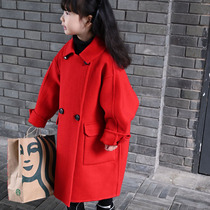 Childrens wool clothes 2021 Winter - Han Edition Red Double - sided Cashmere coat girls are a big child