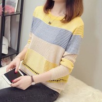 Thin-style hollowed-out knitwear spring 2021 womens clothing autumn blouse Han version Collared Loose Stripes Long Sleeves Bottom Short