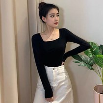Pure cotton black long sleeve undershirt retro square collar Sexy low collar tight inside lap for autumn and winter Korean version 100 lap female blouse
