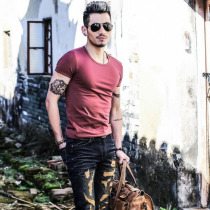 Non-iron casual short-sleeved t-shirt mens trendy round neck solid color summer pure cotton tight body shirt mens slim fit T-shirt short-sleeved men