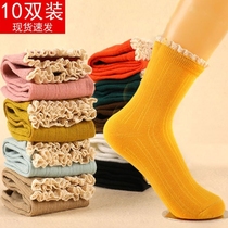 100% Pure cotton socks Childrens Korean version of the cylinder lace Sox 100 hitch and winter style students original accommodation college wind heaps and stockings