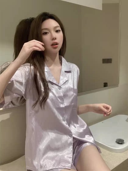 여름 가디건 짧은팔 반바지에서 여성을위한 보라색 프랑스 고급 얼음 실크 잠옷 ins 스타일 홈 의류 세트 여름 가디건 짧은팔 반바지에서 여성을위한 보라색 프랑스 고급 얼음 실크 잠옷 ins 스타일 홈 의류 세트