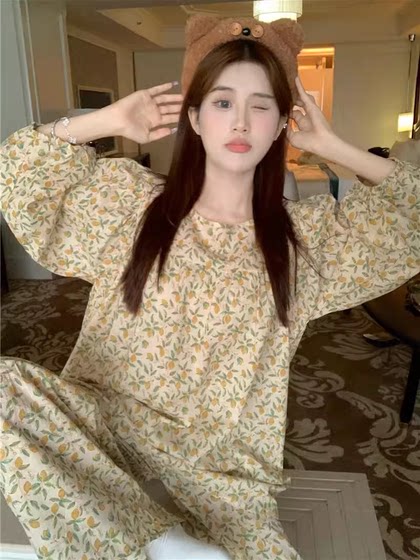 봄과 가을 작은 꽃의 긴 소매 느슨하고 무제한 홈 의류 세트의 여성을위한 레트로 면화 대형 잠옷의 한국 버전 봄과 가을 작은 꽃의 긴 소매 느슨하고 무제한 홈 의류 세트의 여성을위한 레트로 면화 대형 잠옷의 한국 버전