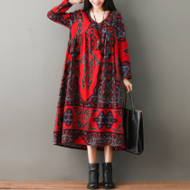 Autumn new national style womens retro printing large size mid-length long-sleeved literary cotton and linen V-neck dress