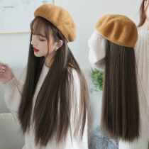 Wig women long hair hat one beret fashion autumn and winter hat women with wig long straight hair