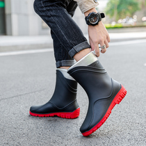 Back Force Fashion Rain Shoes Mens Midcylinder Rain Boots Gush Warm Non-slip Waterproof Shoes Kitchen Work Plastic Cover Shoes Wash